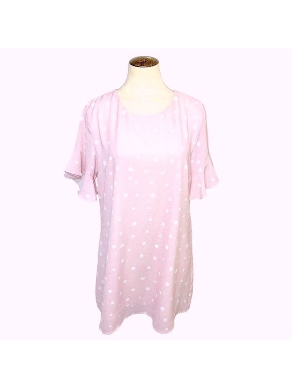 AVA Pink Mini Dress Sz M/L White Dots Half Fluter Sleeves Feminine